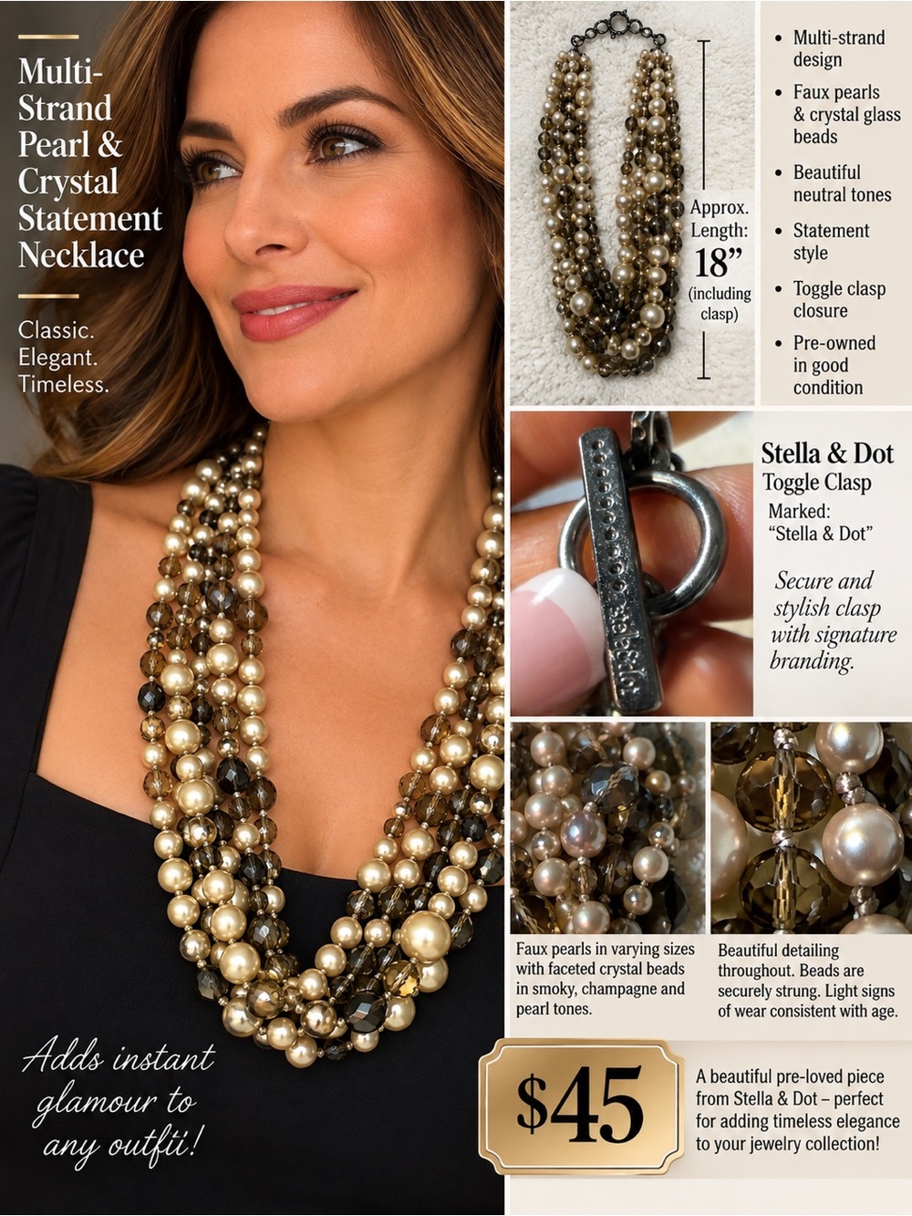 Stella & Dot Champagne and Pearl Multi-Strand Statement Necklace